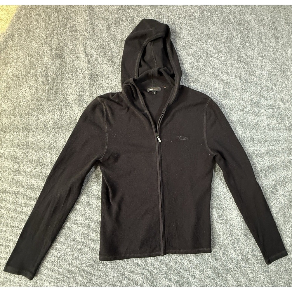 BCBG Maxazria Jacket Large M Black Hoodie Long Sleeve Full Zip Logo Top Womens - Picture 3 of 8